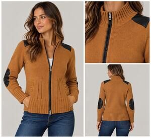 Terry Lewis Womens XS Camel Wool Blend Zip Sweater Faux Leather Trim Y2K